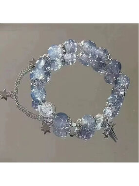 Clear and Blue Crackle Bead Stretchy Bracelet W/ Celestial Charms NWT
